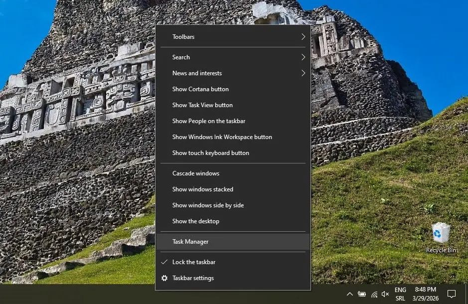Desni klik na Windows Taskbar za pokretanje Task Manager alata