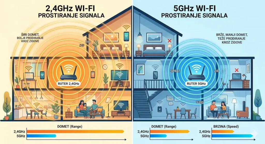 Prikaz prostiranja signala i dometa za 2.4GHz i 5GHz Wi-Fi mreže