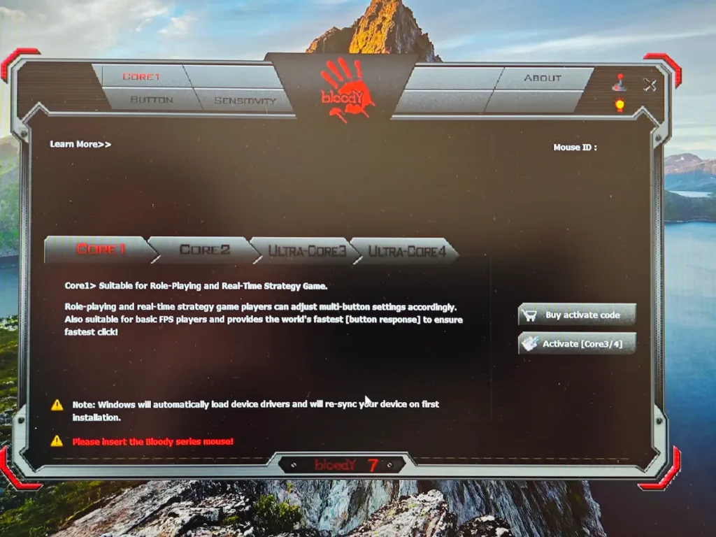 Interfejs zvaničnog Bloody softvera za prepoznavanje i sinhronizaciju uređaja