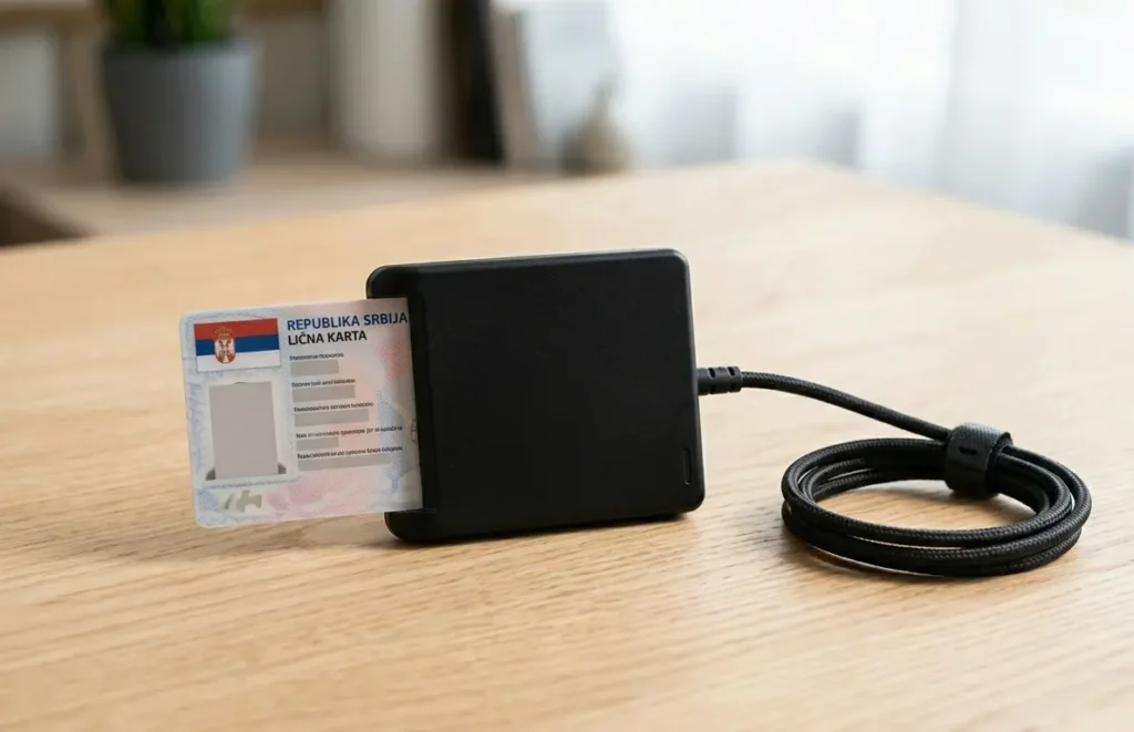 Čitač elektronske lične karte povezan na laptop na radnom stolu