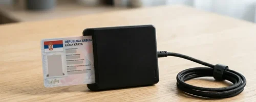 Čitač elektronske lične karte povezan na laptop na radnom stolu
