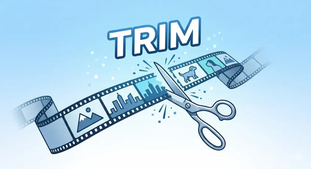 Ilustracija makaza koje seku video traku sa natpisom TRIM u Windows 11 okruženju