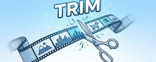 Ilustracija makaza koje seku video traku sa natpisom TRIM u Windows 11 okruženju