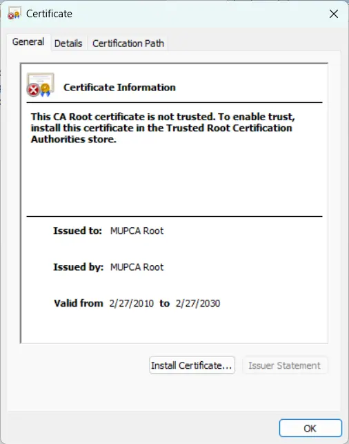 Sistemsko upozorenje prilikom instalacije MUPCA Root sertifikata