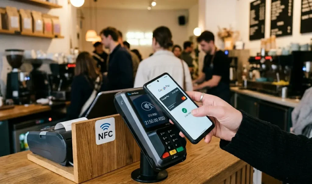 Osoba koristi telefon i Google Wallet za beskontaktno NFC plaćanje na kasi