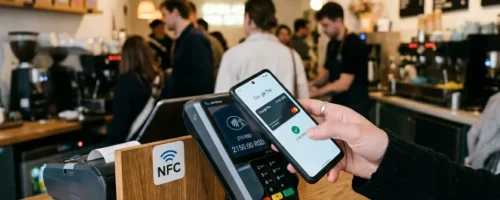 Osoba koristi telefon i Google Wallet za beskontaktno NFC plaćanje na kasi
