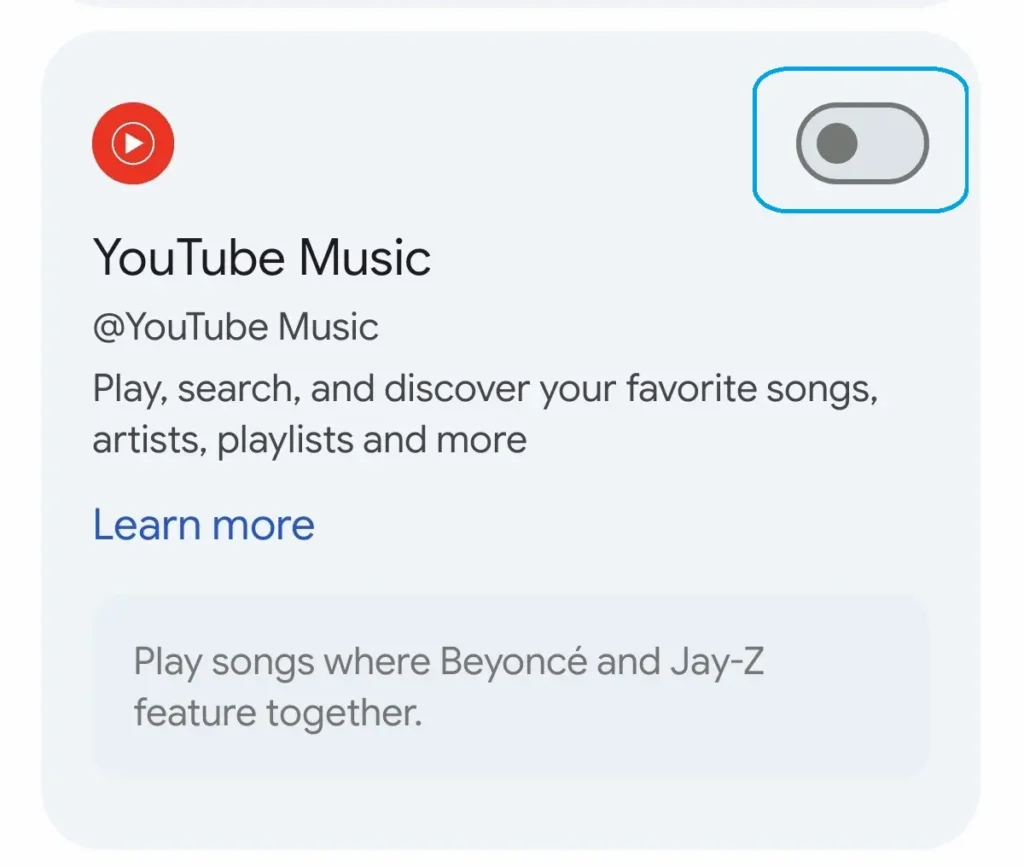 Aktivacija YouTube Music ekstenzije u Gemini podešavanjima