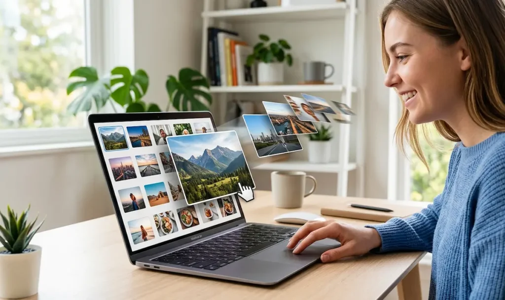 Devojka koja brzo lista slike na laptopu u Windows 11 operativnom sistemu