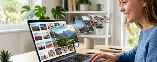Devojka koja brzo lista slike na laptopu u Windows 11 operativnom sistemu
