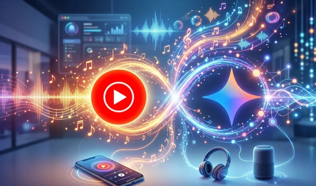 Ilustracija povezivanja Gemini AI i YouTube Music aplikacije