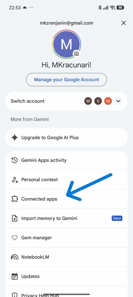 Opcija Connected apps za povezivanje Gemini ekstenzija
