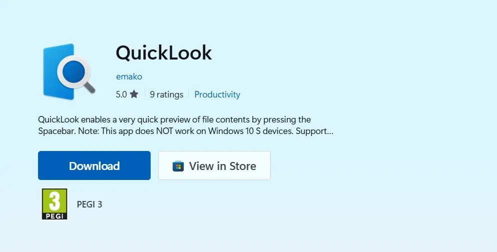 Preuzimanje i instalacija QuickLook aplikacije preko Microsoft Store prodavnice
