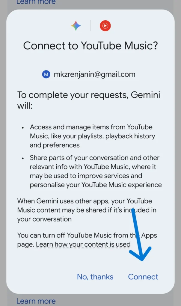 Potvrda povezivanja Gemini AI sa YouTube Music nalogom