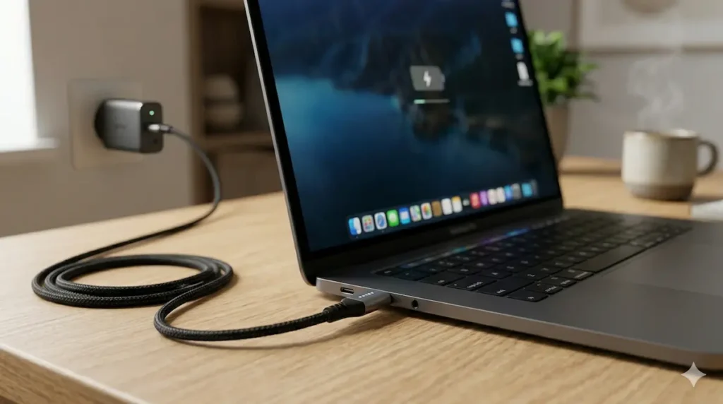 Moderan laptop koji se puni preko pletenog Type-C kabla