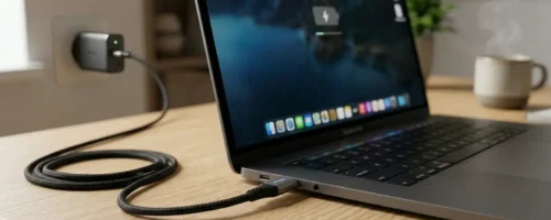 Moderan laptop koji se puni preko pletenog Type-C kabla