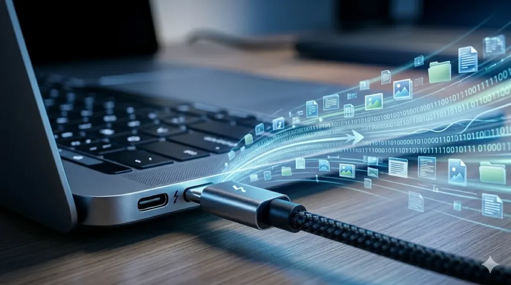 Prikaz brzog prenosa podataka preko USB Type-C porta na laptopu