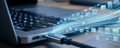 Prikaz brzog prenosa podataka preko USB Type-C porta na laptopu