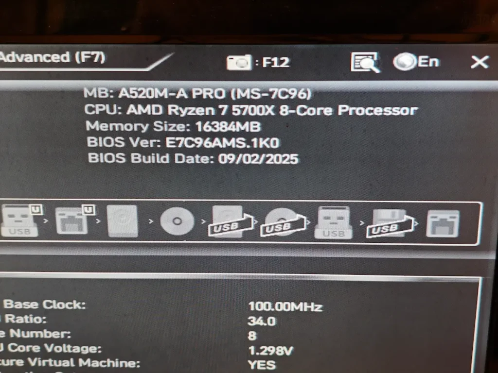 BIOS ekran koji potvrđuje da je AMD Ryzen 7 5700X uspešno popravljen i prepoznat