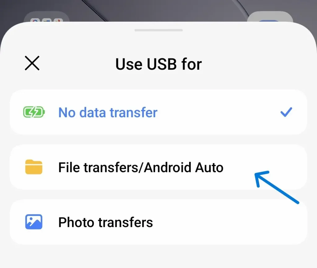 Izbor opcije File transfers za prenos slika na Android telefonu