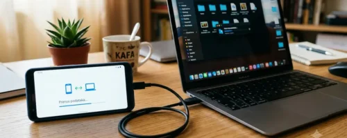 Povezan Android telefon i laptop računar USB kablom radi prebacivanja slika