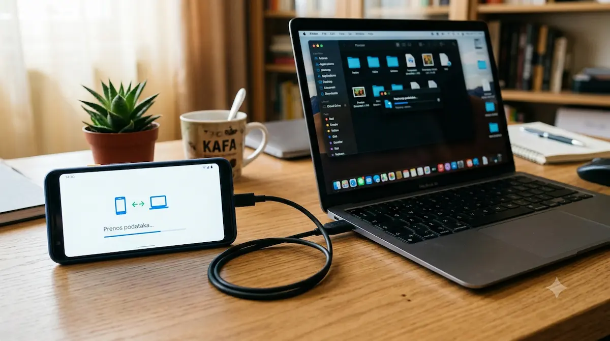 Povezan Android telefon i laptop računar USB kablom radi prebacivanja slika