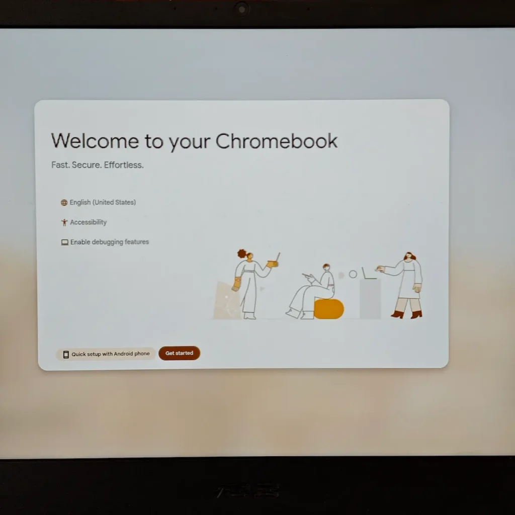Ekran za početno podešavanje i dobrodošlicu na Chromebook laptopu