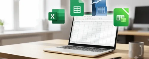 Laptop sa ikonama Microsoft Excel, Google Sheets i OpenOffice programa na stolu