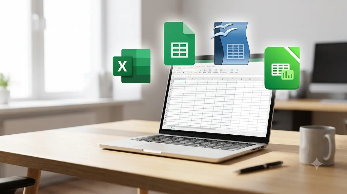 Laptop sa ikonama Microsoft Excel, Google Sheets i OpenOffice programa na stolu