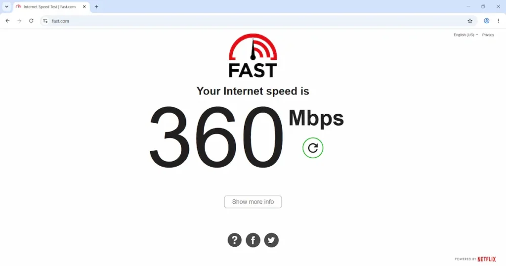 Prikaz rezultata merenja brzine interneta preko sajta Fast com