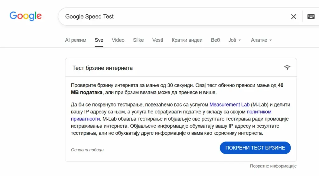 Pokretanje besplatnog Google alata za testiranje brzine interneta