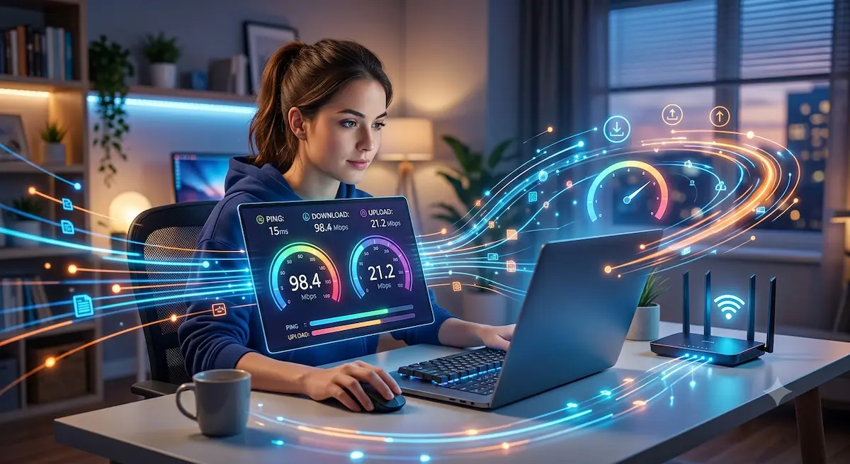 Devojka sedi za računarom i meri brzinu interneta