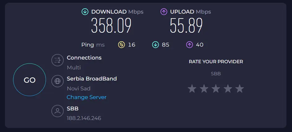 Rezultati merenja brzine interneta na Speedtest sajtu sa prikazanim pingom download i upload brzinom